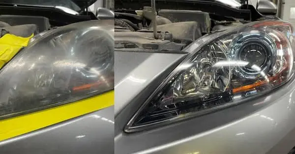 Oxidised headlight fully restored to clear.