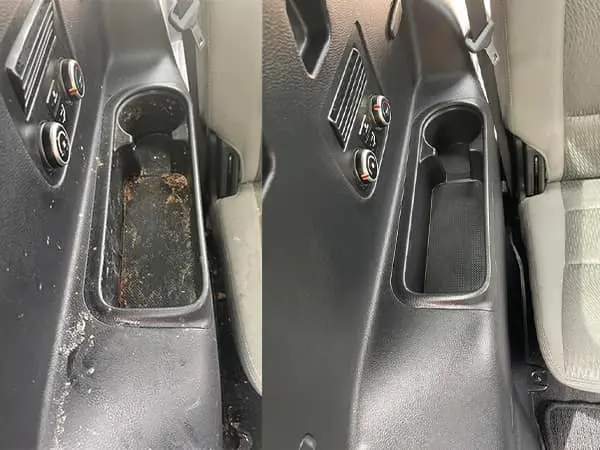 Cup holder detail — grime built up over years, fully cleaned.